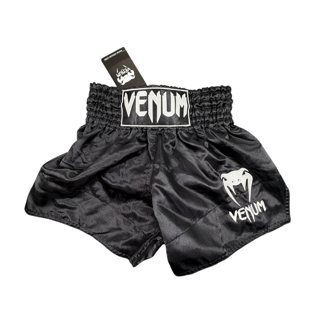 Venum Classic Men Muay Thai Shorts Black White Satin MMA Kickboxing Gym Combat